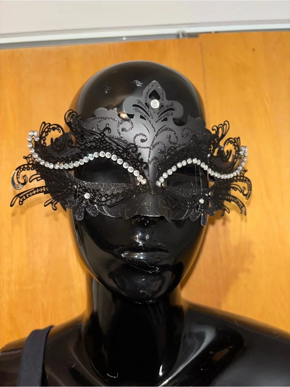 Black Lace Masquerade Eye Mask with Crystal Accent - Women Accessories